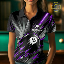 Load image into Gallery viewer, Female billiard player wearing Thunder Purple 8 Ball Strike custom billiard jersey