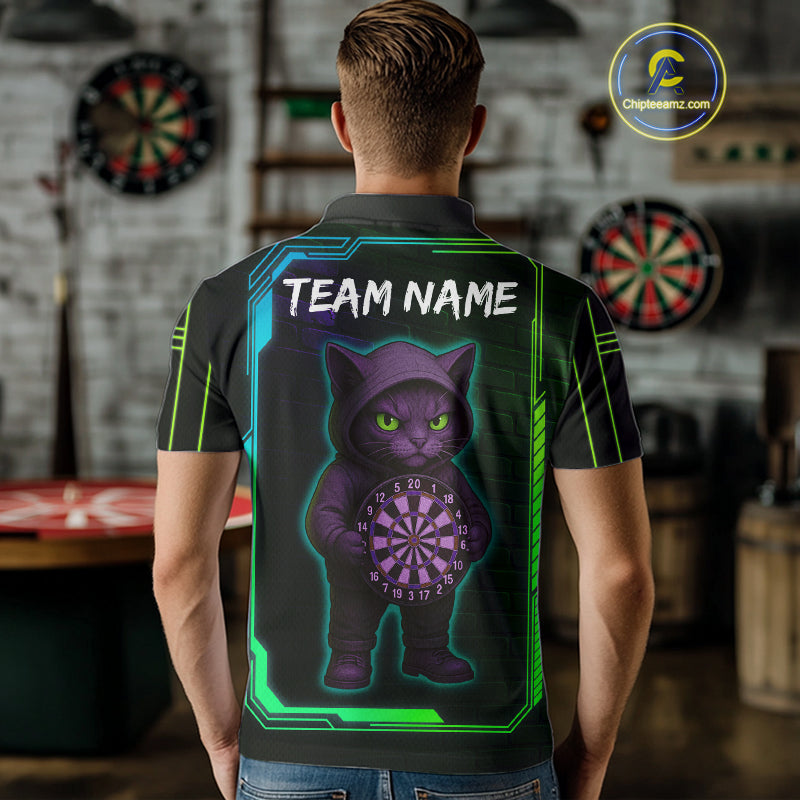 Lightning Cat Tech Green & Blue Neon Dartboard Men's Dart Polo Shirt Funny Dart Jerseys NYN1792