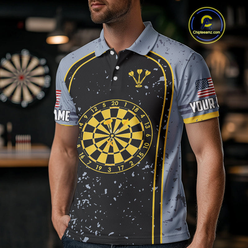 Custom Grey And Yellow US Flag Dartboard Dart Shirts For Men Patriotic Dart Team Jerseys NYN0042