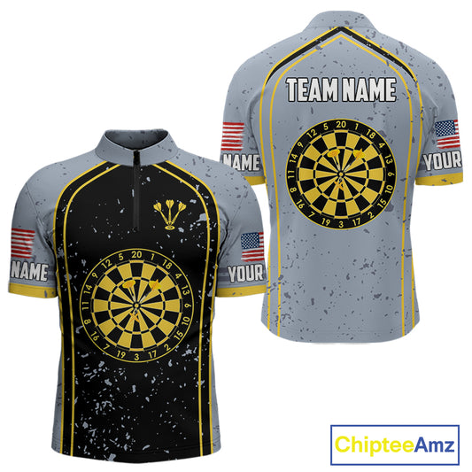 Custom Grey And Yellow US Flag Dartboard Dart Shirts For Men Patriotic Dart Team Jerseys NYN0042