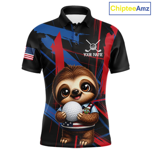 Men's funny golf polo featuring adorable sloth with artistic red and blue brush stroke graphics, custom golf shirt for men's golf teams, family golf outings and golf gifts, symbolizing friendship, creativity and fun.