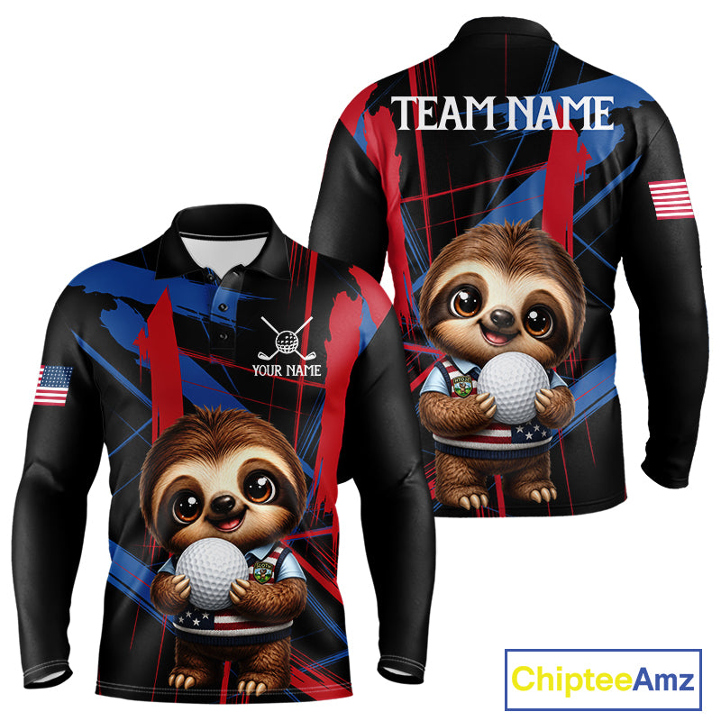 Men's funny golf polo featuring adorable sloth with artistic red and blue brush stroke graphics, custom golf shirt for men's golf teams, family golf outings and golf gifts, symbolizing friendship, creativity and fun.