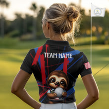 Load image into Gallery viewer, Female golfer wearing cute sloth golf polo featuring colorful brush artwork, representing positive energy and fun golf lifestyle.
