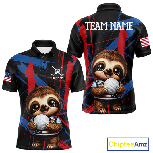 Men's funny golf polo featuring adorable sloth with artistic red and blue brush stroke graphics, custom golf shirt for men's golf teams, family golf outings and golf gifts, symbolizing friendship, creativity and fun.
