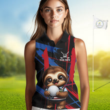 Load image into Gallery viewer, Female golfer wearing cute sloth golf polo featuring colorful brush artwork, representing positive energy and fun golf lifestyle.