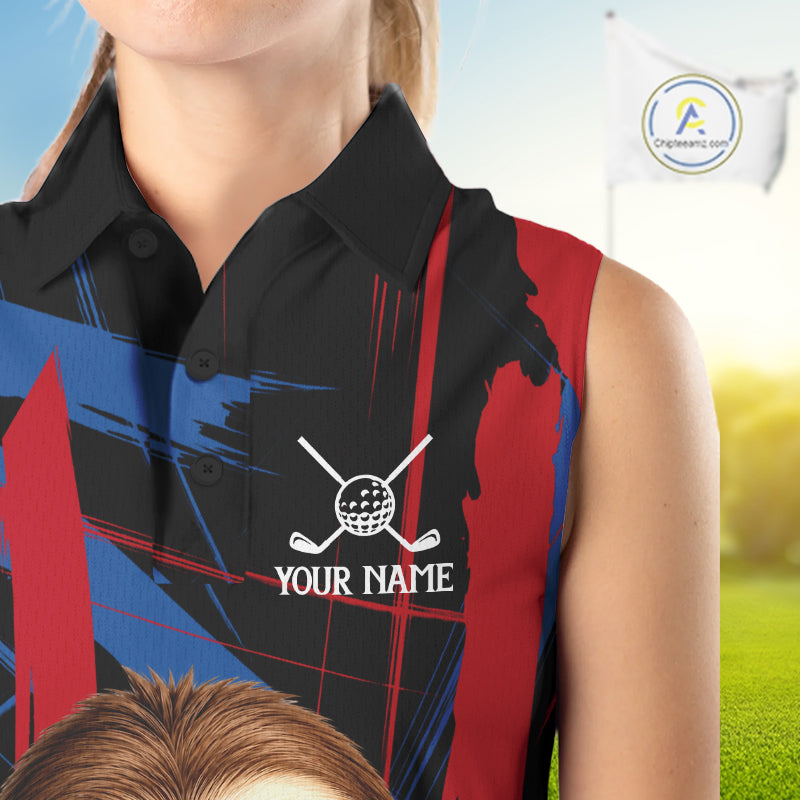 Female golfer wearing cute sloth golf polo featuring colorful brush artwork, representing positive energy and fun golf lifestyle.