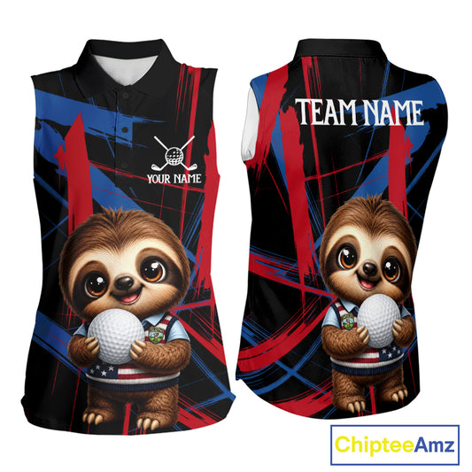 Women's sleeveless golf polo featuring cute sloth with red and blue artistic brush strokes, personalized golf apparel symbolizing creativity, relaxation and friendship.