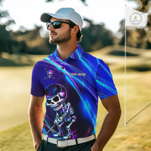 Load image into Gallery viewer, Male golfer wearing neon skull golf polo during championship event, stylish golf apparel for gothic fashion, Halloween golf outings and bold personalities.