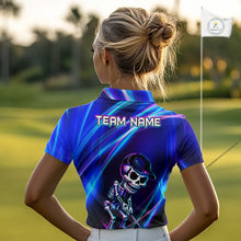 Load image into Gallery viewer, Female golfer wearing skeleton golf polo with glowing neon artwork, unique ladies golf apparel expressing confidence and individuality.