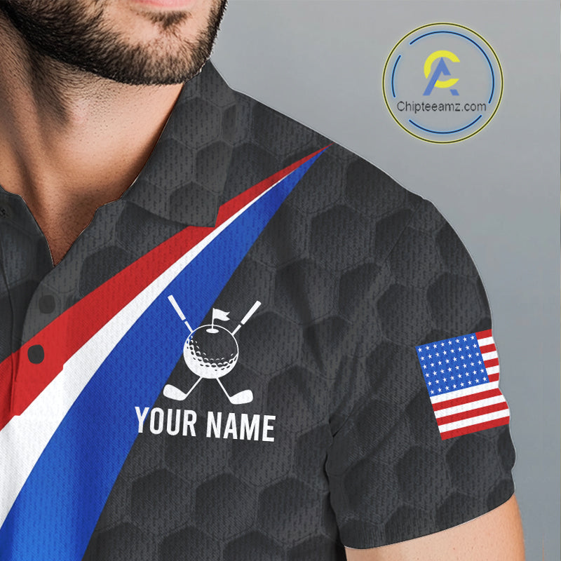 Golf team wearing matching black American flag golf polos for golf tournaments, league championships and corporate golf outings, symbolizing professionalism, unity and patriotism.
