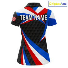 Load image into Gallery viewer, Women's black patriotic golf polo featuring golf ball graphics, custom performance golf shirt for tournaments, golf clubs and USA team apparel.