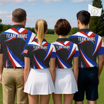 Golf team wearing matching black American flag golf polos for golf tournaments, league championships and corporate golf outings, symbolizing professionalism, unity and patriotism.
