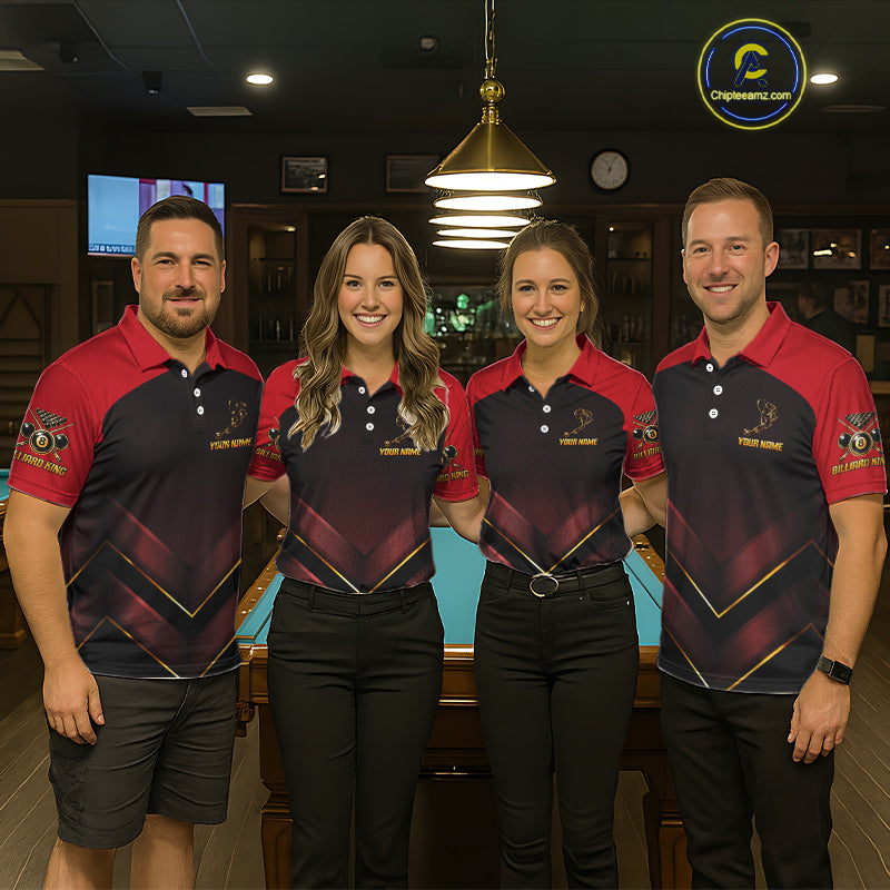 Custom Red Billiard Polo & Quarter-Zip Jerseys For Men Gold 8 Ball Pool Team Jersey NYN2314