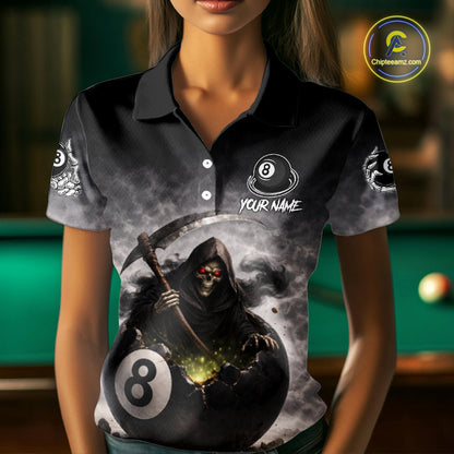 Grey Smoke Grim Reaper Cracked 8 Ball Pool Billiard Team Shirt Custom Billiard Jerseys For Women NYN2751