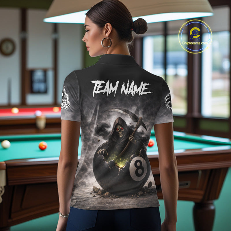 Grey Smoke Grim Reaper Cracked 8 Ball Pool Billiard Team Shirt Custom Billiard Jerseys For Women NYN2751