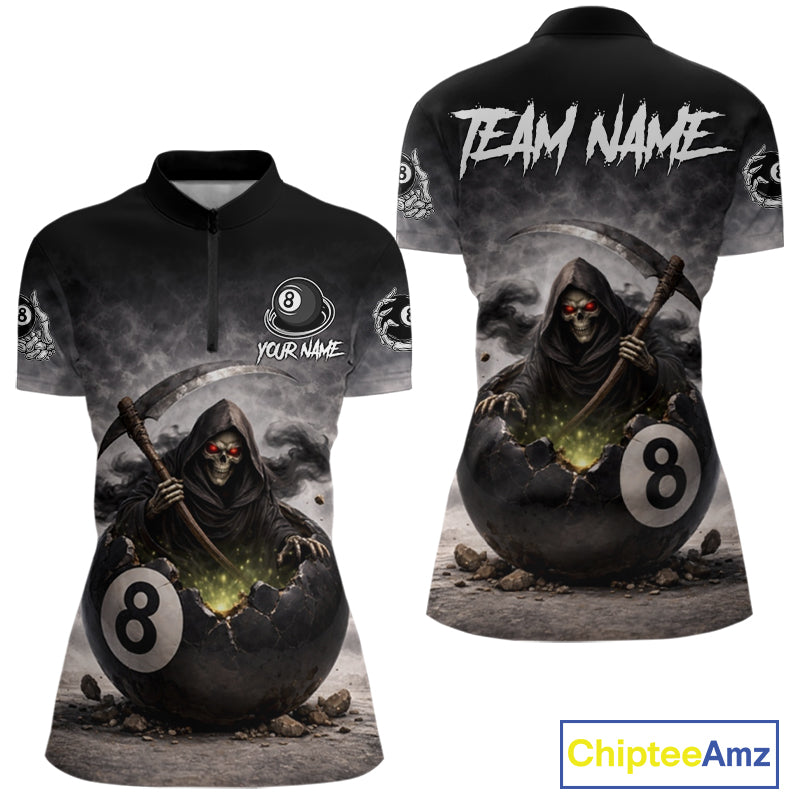 Grey Smoke Grim Reaper Cracked 8 Ball Pool Billiard Team Shirt Custom Billiard Jerseys For Women NYN2751