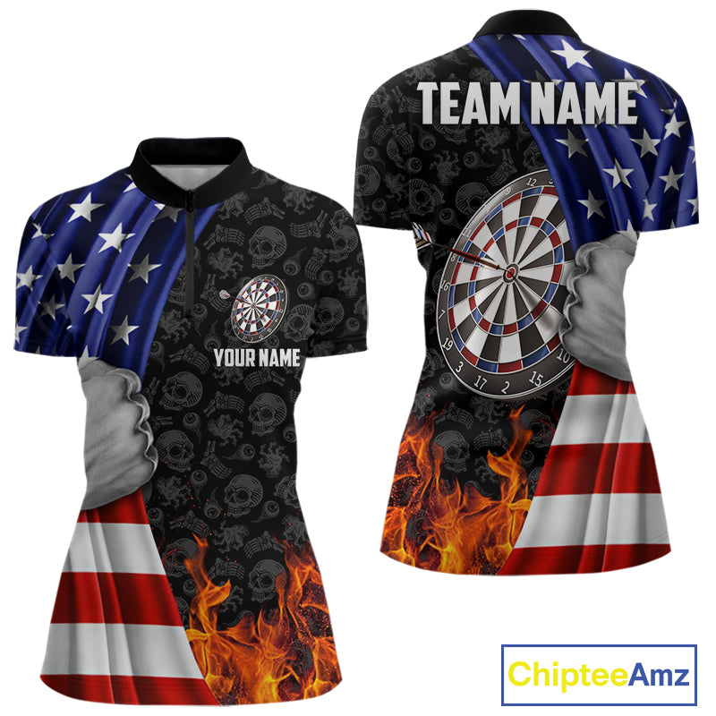 Custom Flame Dartboard Patriotic Dart Shirts For Women American Flag Dart Team Jerseys NYN0047
