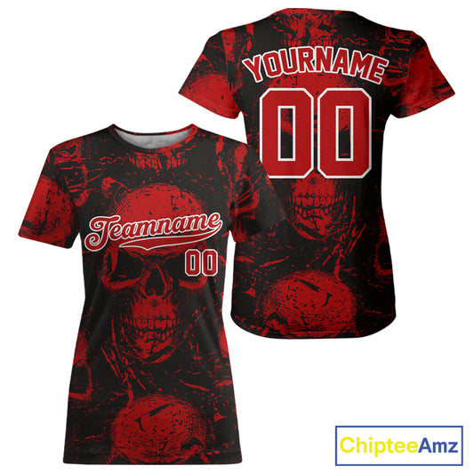 Custom Red Skulls Creepy Grunge Baseball T-Shirt For Women Halloween Baseball Team Shirt NYN1284