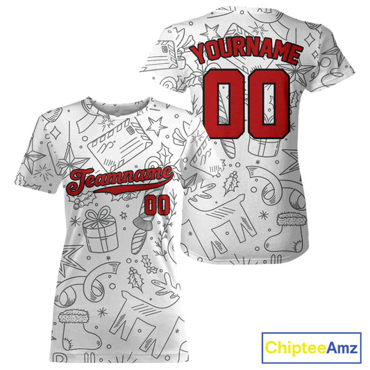 Custom White Christmas Baseball T-Shirt For Women Funny Xmas Baseball Tournament Jersey NYN1285