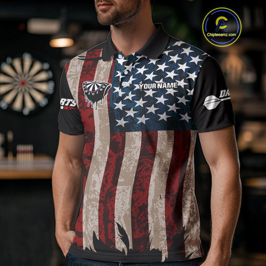 Colorful Skull Grunge Dartboard US Flag Dart Men Polo Shirt, Patriotic Dart Jerseys NYN1556