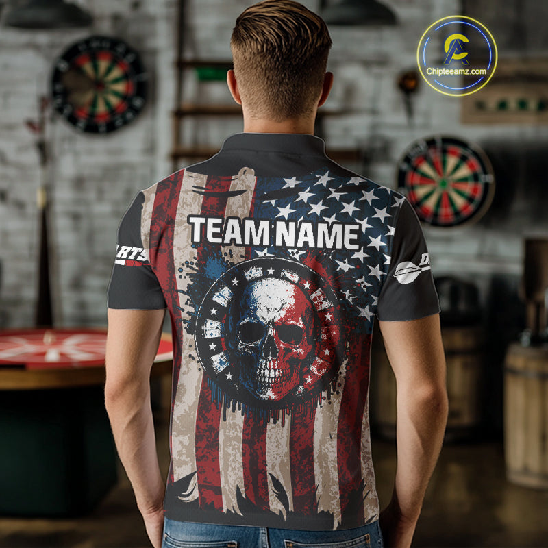 Colorful Skull Grunge Dartboard US Flag Dart Men Polo Shirt, Patriotic Dart Jerseys NYN1556