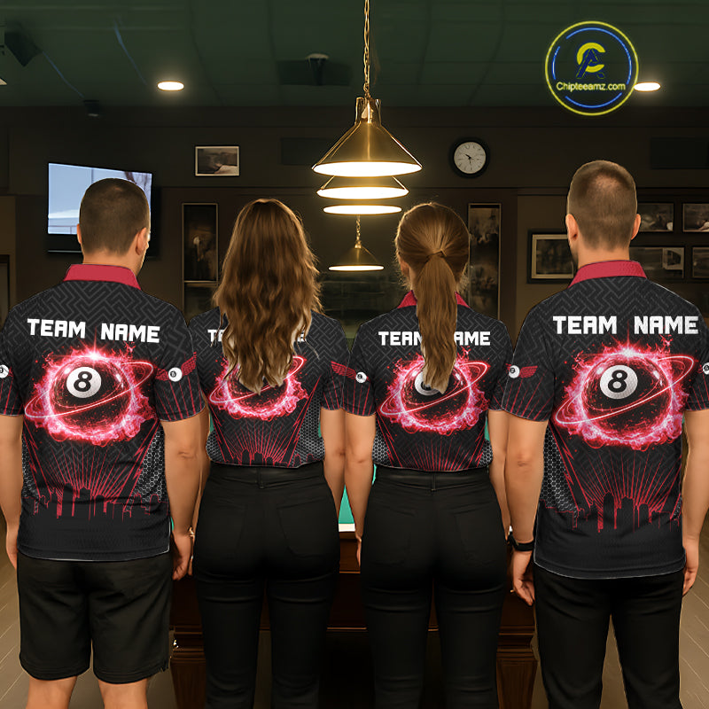 Black & Red Flaming 8 Ball Light Women's Billiard Shirts Personalized Billiard Team Attire NYN2329