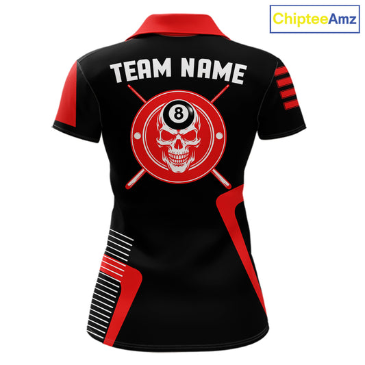 Black & Red Skull Pool 8 Ball Women Billiard Polo & 1/4-Zip Shirt Personalized Ball Billiard Attire NYN2593