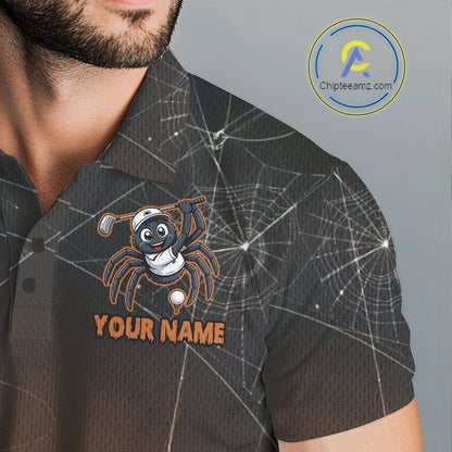 Male golfer wearing Funny Spider Halloween golf polo, custom golf team apparel, spiderweb performance golf shirt, golf club uniform, Halloween golf outing