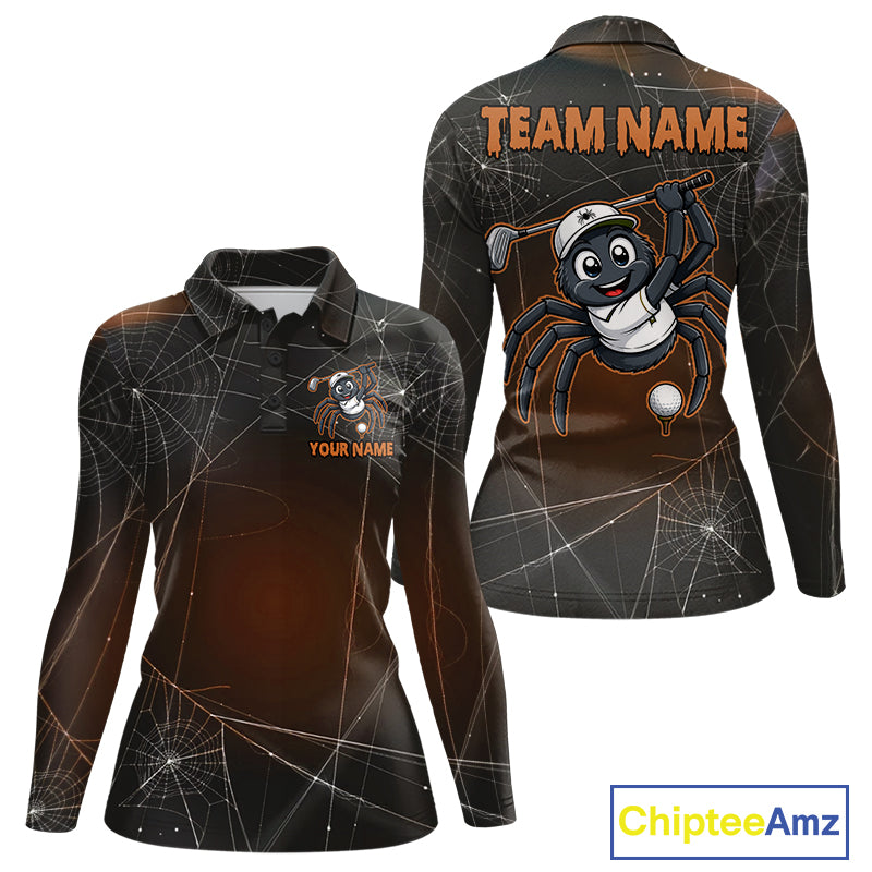 Funny Spider Halloween women's golf polo shirt featuring spiderweb artwork, custom golf team uniform, breathable performance polo, golf outing apparel, Halloween golf clothing, golf club tournament