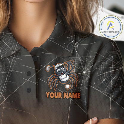 Female golfer wearing Funny Spider Halloween golf polo, personalized golf apparel, spiderweb golf fashion, autumn golf outfit, golf vacation clothing, Halloween golf league uniform