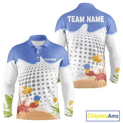 Summer Crab men's golf polo shirt, personalized tropical crab golfer design, breathable golf apparel, golf outing clothing