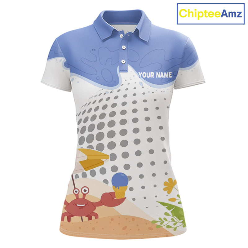 Custom Summer Crab women's golf polo shirt featuring colorful crab artwork, golf team uniform, summer golf outfit, personalized apparel