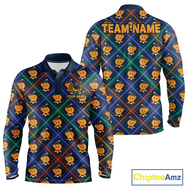 Plaid Pumpkin men's golf polo shirt, Halloween golf apparel, breathable golf team uniform, custom golf clothing