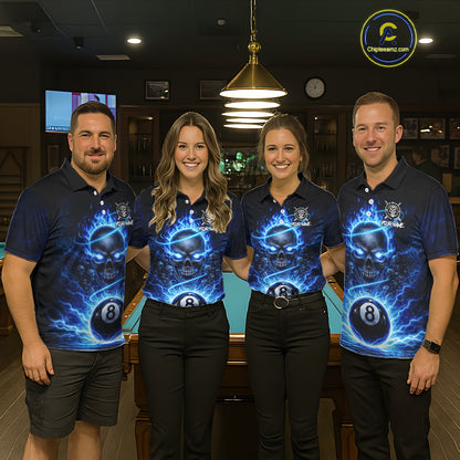Blue Flames Multi Skull Thunder Pool 8 Ball 3D Billiard Shirt For Men Custom Billiard Team Attire NYN2603