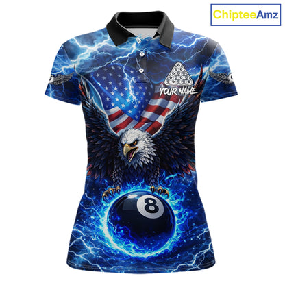 US Flag Eagle Thunder Blue Pool 8 Ball Women Billiard Shirt Custom Patriotic Billiard Team Attire NYN2604