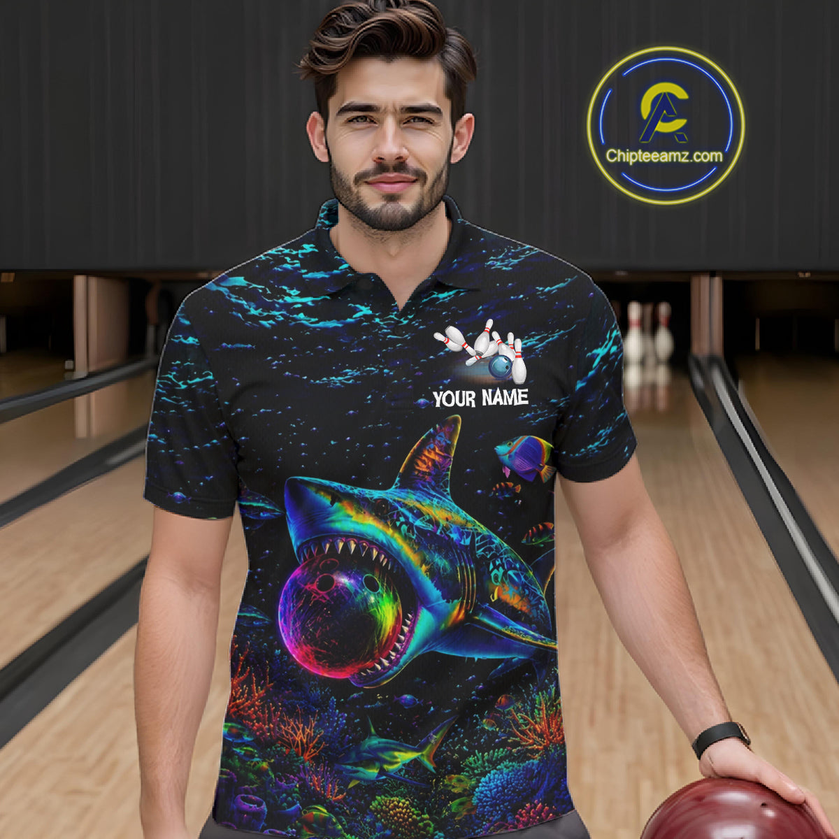 Funny Shark Ocean Neon Bowling  Jerseys For Men Custom Colorful Bowling Shirts Team Attire NYN3169