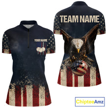 Load image into Gallery viewer, American Flag Grunge Bowling Team Jerseys For Women Custom Eagle Patriot Bowling Polo 1/4-Zip Shirt NYN3168