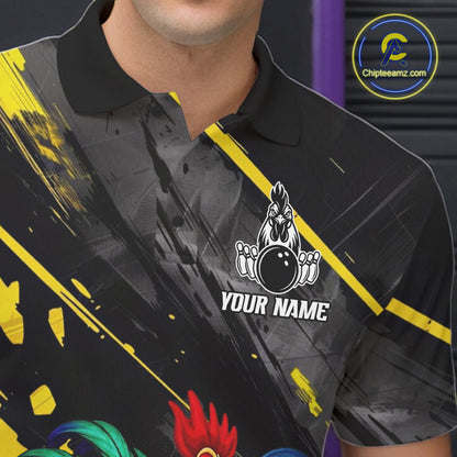 Personalized Colorful Funny Rooster Bowling Shirt For Men Yellow Grunge Bowling Team Jersey NYN3174