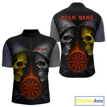 Load image into Gallery viewer, Flaming Dartboard Dual Skulls Funny Darts Shirt For Men - Customizable Name &amp; Team NYN0404