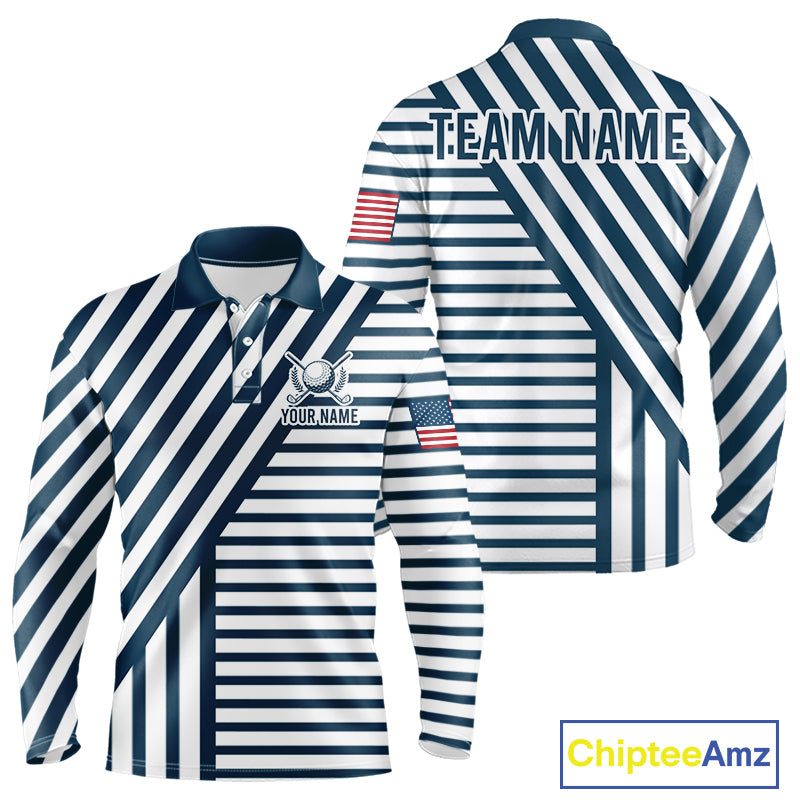 White and blue pinstripe mens golf polo patriotic golf shirt