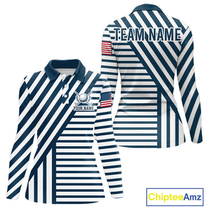 White and blue pinstripe womens golf polo patriotic golf shirt