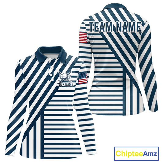 White and blue pinstripe womens golf polo patriotic golf shirt