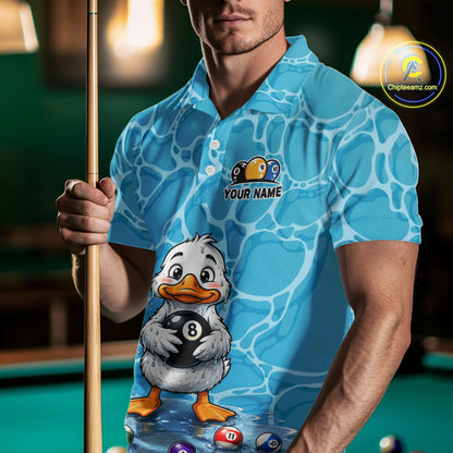 Male model wearing Blue Wet Duck billiard polo during league play, novelty sports jersey