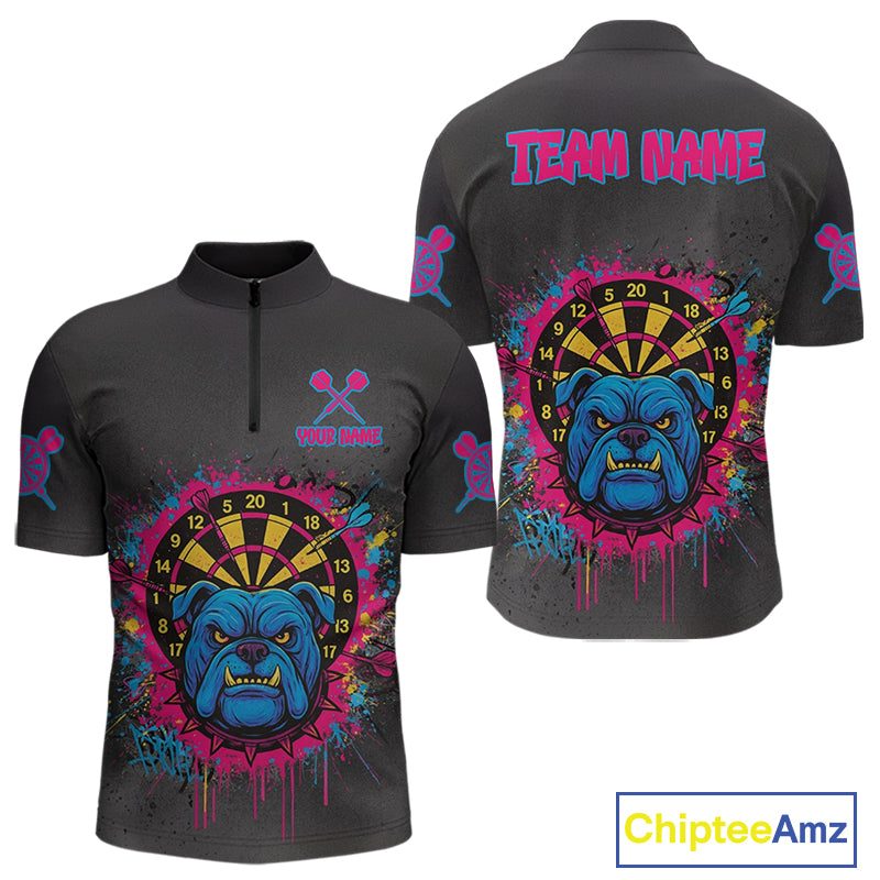 Custom Funny Bulldog Colorful Dartboard Darts Quarter-Zip Shirt For Men Splatter Dart Jerseys NYN1826