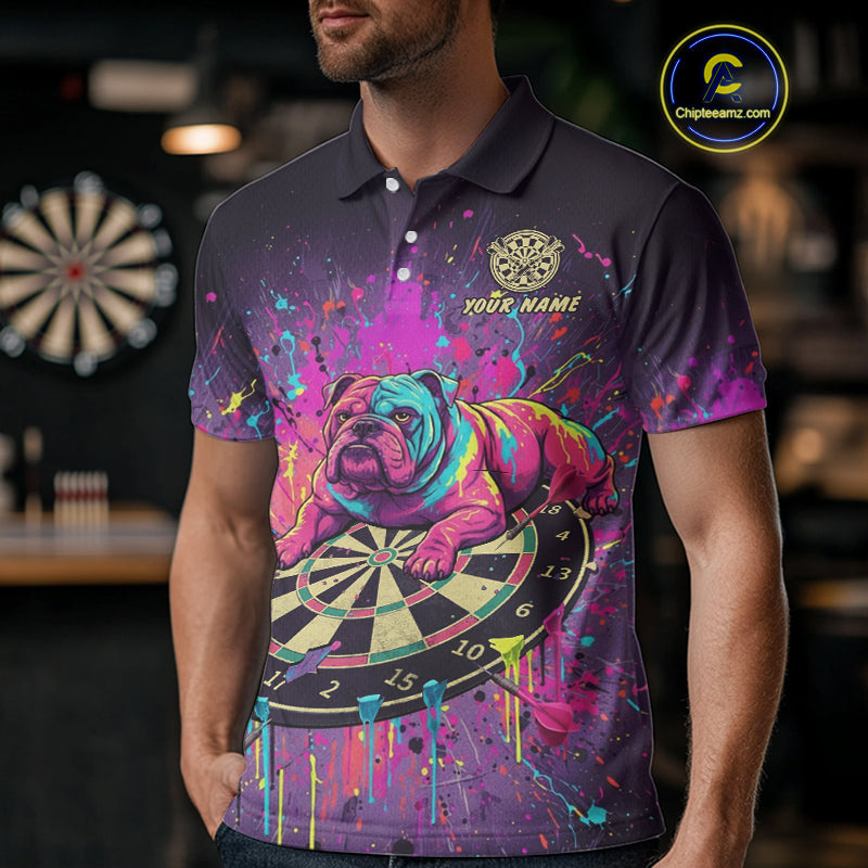 Custom Purple Bulldog Splatter Dartboard Men Darts Polo Shirt Funny Colorful Dart Jerseys NYN1828