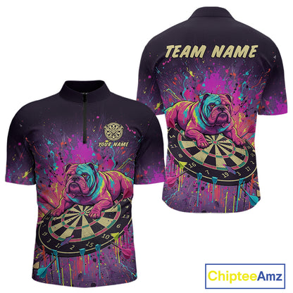 Custom Purple Bulldog Splatter Dartboard Men Darts Quarter-Zip Shirt Funny Colorful Dart Jerseys NYN1828