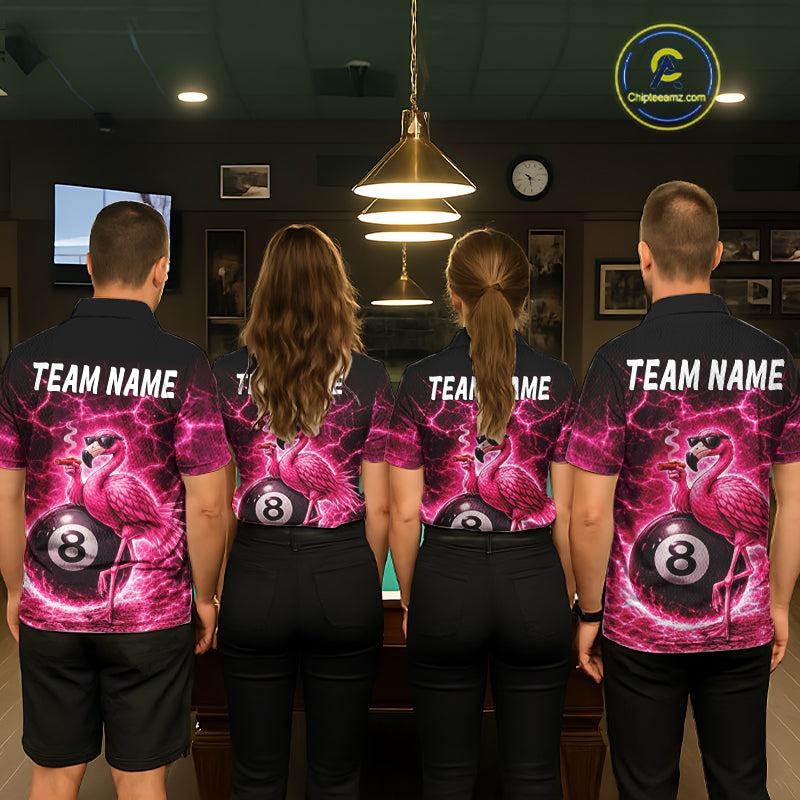 Thunder Pink Funny Flamingo Smokes Pool 8 Ball Men Billiard Shirt Custom Ball Billiard Team Attire NYN2612