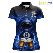 Load image into Gallery viewer, Blue Funny Lightning Shark Cheer Beers Pool 8 Ball Women Billiard Shirt Custom Ball Billiard Attire NYN2613