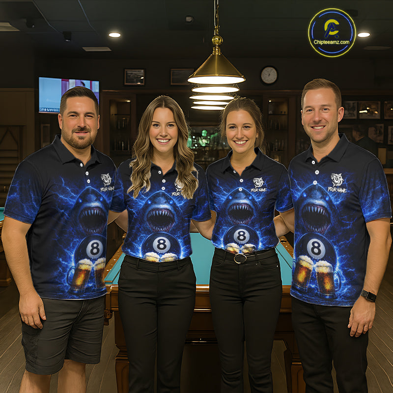Blue Funny Lightning Shark Cheer Beers Pool 8 Ball Men Billiard Shirt Custom Ball Billiard Attire NYN2613