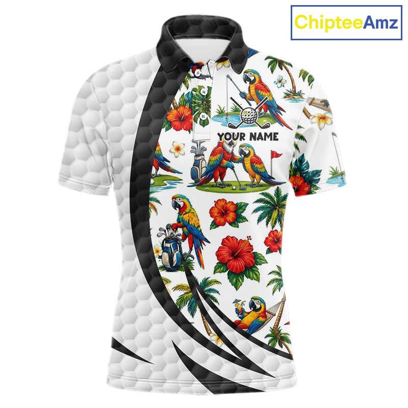 Tropical White And Black Golf Ball Polo Golf Shirts For Men Custom Parrot Golf Team Attire NYN3175